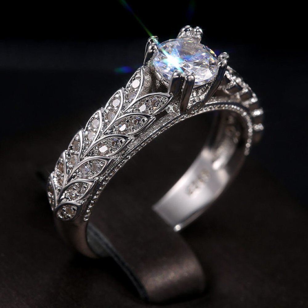 🍁 925 Silver Crystal Zircon Stone Unique Leaf Design Ring for Women, VIP341 - Picture 2 of 10